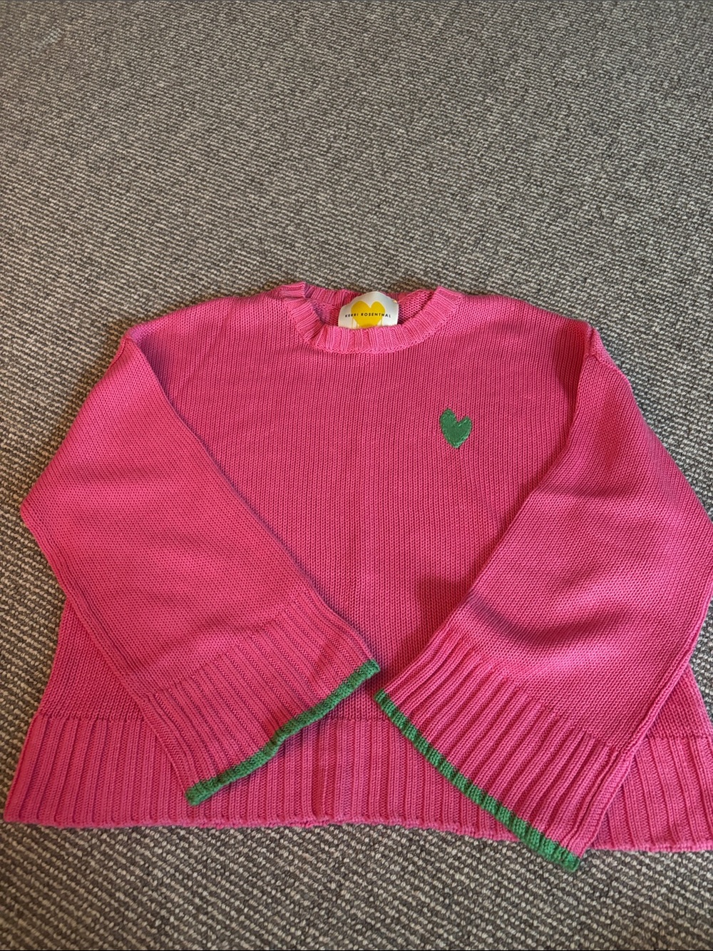 Kerri Rosenthal Women’s Pink Knit Sweater with Green Heart Detail